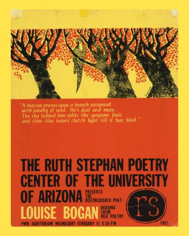 Silkscreen publicity poster for Louise Bogan's reading, featuring black and red trees on a yellow background, with a large bird in foreground. 