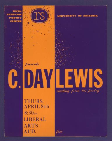 Silkscreen publicity poster for Cecil Day Lewis's reading, featuring alternating stripes of purple and orange text and background.