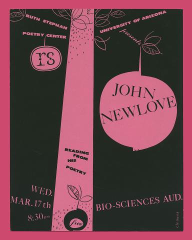 Silkscreen publicity poster for John Newlove's reading, featuring a pink image of an apple tree on a black background. 