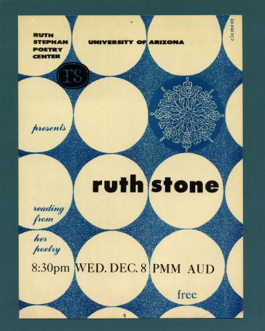 Silkscreen publicity poster for Ruth Stone's reading, featuring white circles on a blue background. 