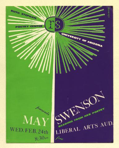 Silkscreen publicity poster for May Swenson's reading, featuring an image of a dandelion on a green and blue background.