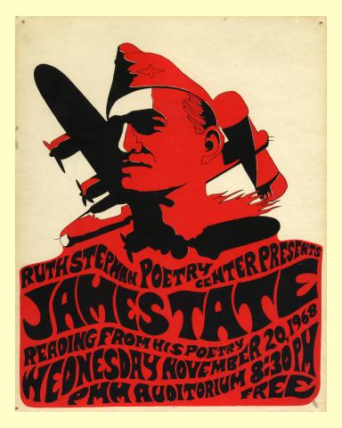 Silkscreen publicity poster for James Tate's reading, featuring a red and black image of a military pilot and plane on a white background. 