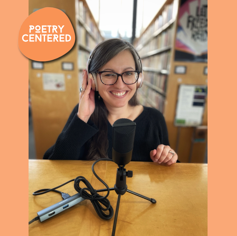 Julie Swarstad Johnson, Poetry Center Librarian, poses with headphones and a microphone, recording the intro for the podcast Poetry Centered.