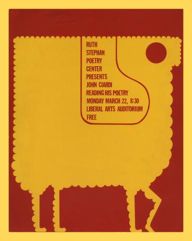 Silkscreen publicity poster for John Ciardi's reading, featuring a stylized yellow sheep on a black background. 