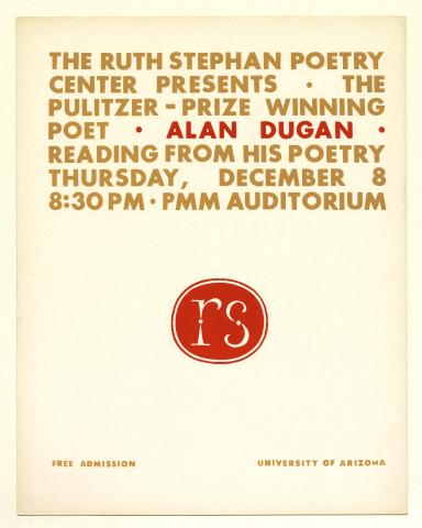 Publicity poster for Alan Dugan's 1966 reading, with brown and red text on a cream background. 