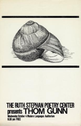 Black and white publicity poster for Thom Gunn's reading, featuring a large image of a snail shell.