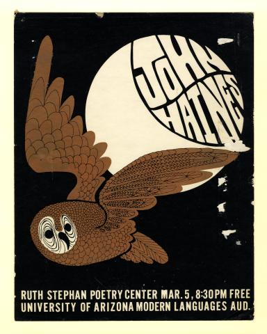 Silkscreen publicity poster for John Haines's reading, featuring an image of an owl flying across the moon. 