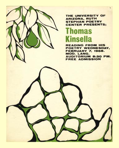Silkscreen publicity poster for Thomas Kinsella's reading, featuring a green and black image of a fruit tree over a stone wall. 