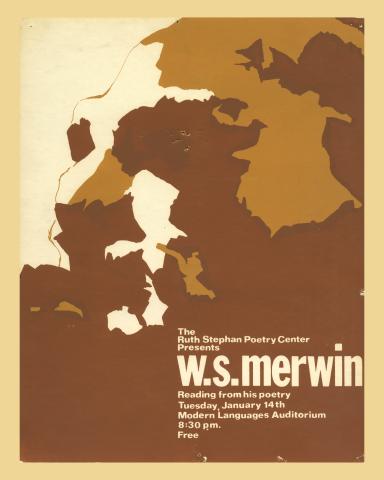 Silkscreen publicity poster for W.S. Merwin's reading, featuring a stylized image of a face in browns on a cream background. 