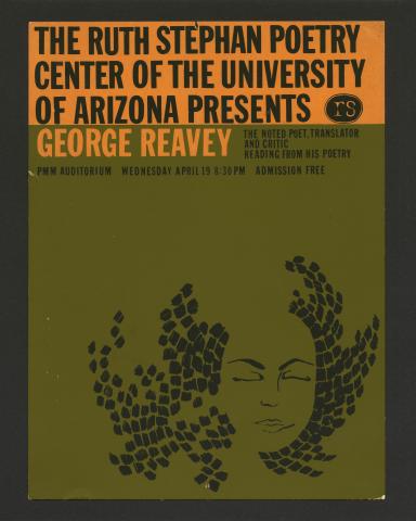 Silkscreen publicity poster for George Reavey's reading, featuring an image of a woman's face in black on a green background. 