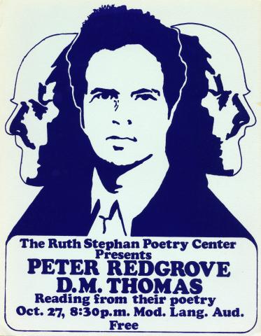 Silkscreen publicity poster for Peter Redgrove and D.M. Thomas's reading, featuring three men's faces in dark blue on a white background. 