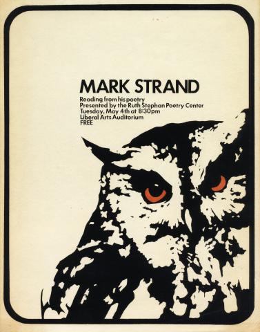 Publicity poster for Mark Strand's reading, featuring a large image of an owl with red eyes on a white background. 