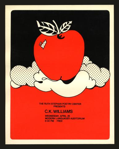 Silkscreen publicity poster for CK Williams's reading, featuring an image of a red apple on a black background.