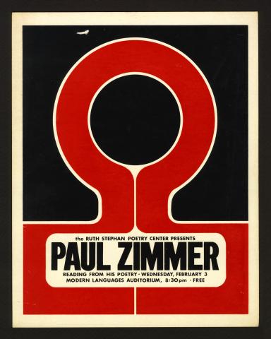 Silkscreen publicity poster for Paul Zimmer's reading, featuring a red circle on a black background.