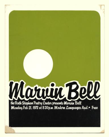 Silkscreen publicity poster for Marvin Bell's reading, featuring a white circle on a green background. 