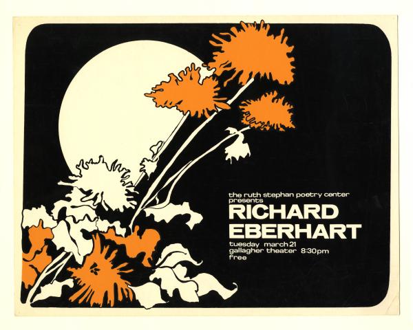 Silkscreen publicity poster for Richard Eberhart's reading, featuring an image of orange and white plants on a black background. 