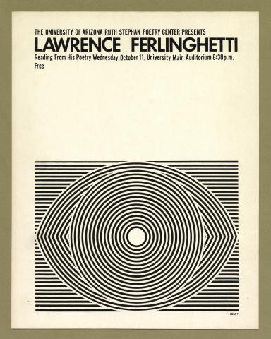 Black and white publicity poster for Lawrence Ferlinghetti's reading, featuring an op-art image of an eye. 