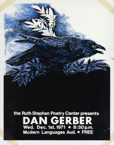 Silkscreen publicity poster for Dan Gerber's reading, featuring a black, blue, and white image of a bird. 