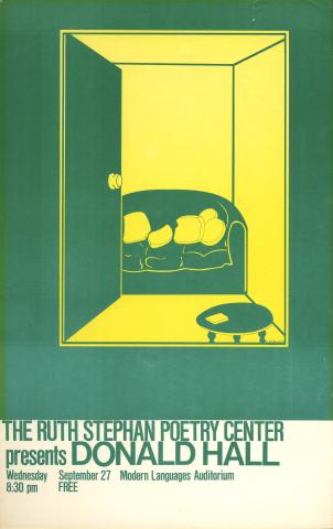 Silkscreen publicity poster for Donald Hall's reading, featuring a green and yellow image of a door opening to a room with a sofa. 