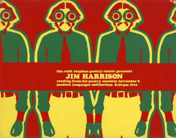 Silkscreen publicity poster for Jim Harrison's reading, featuring four green and yellow human figures on a red background.
