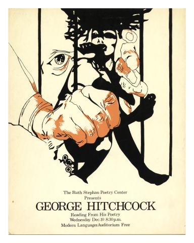 Publicity poster for George Hitchcock's reading, featuring an image of hands and faces emerging behind bars. 