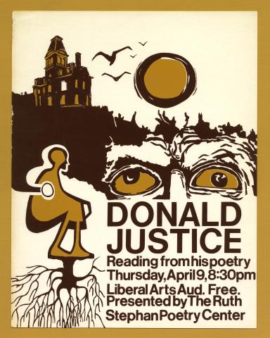 Publicity poster for Donald Justice's reading, featuring images of a seated man, a mansion on a hill, and a large pair of eyes. 