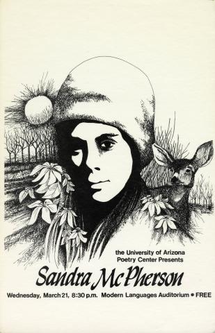 Black and white publicity poster for Sandra McPherson's reading, featuring an image of a woman's face surrounded by trees and deer. 