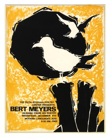 Silkscreen publicity poster for Bert Meyers's reading, featuring an image of a bird on a saguaro cactus against a black sun and yellow background. 