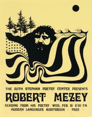 Black and white publicity poster for Robert Mezey's reading, featuring an image of a man's head surrounded by stylized waves and trees. 