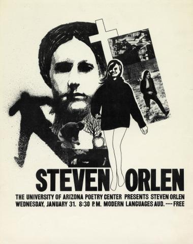 Black and white publicity poster for Steve Orlen's reading, featuring a collage of human figures. 