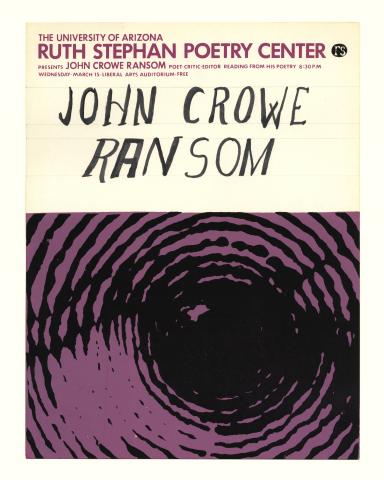 Silkscreen publicity poster for John Crowe Ransom's reading, featuring an abstract purple and black spiral. 