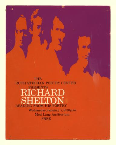 Silkscreen publicity poster for Richard Shelton's reading, featuring men's faces in red on a purple background. 