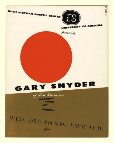 Silkscreen publicity poster for Gary Snyder's reading, featuring a red sun on a white background. 