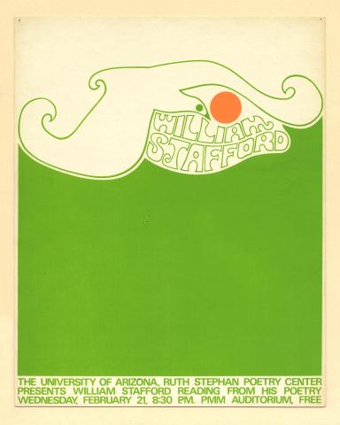 Silkscreen publicity poster for William Stafford's 1968 reading, featuring an image of a white dove on a green background. 