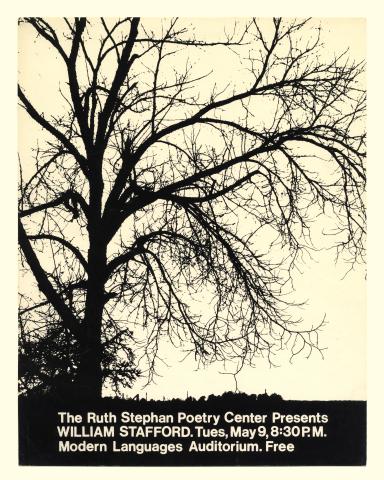 Publicity poster for William Stafford's 1972 reading, featuring a black image of a tree on a white background. 