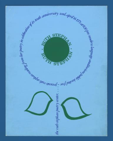 Silkscreen publicity poster for Ruth Stephan's reading, featuring blue and green text in the shape of a flower on a light blue background. 