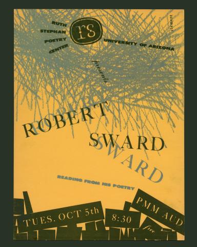 Silkscreen publicity poster for Robert Sward's reading, featuring a blue firework design on a yellow background.