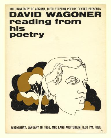 Silkscreen publicity poster for David Wagoner's reading, featuring an image of a man's head and black and brown trees on a white background.