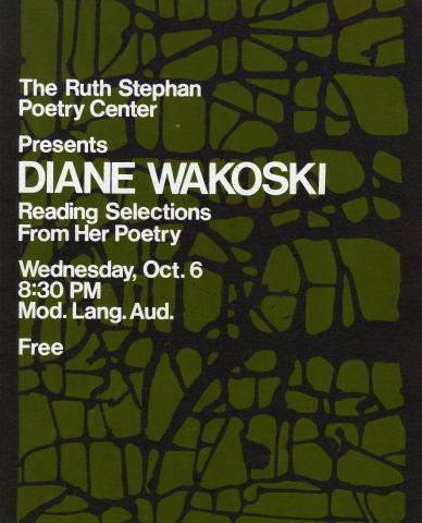 Silkscreen publicity poster for Diane Wakoski's reading, featuring an abstract pattern of black branches on a green background. 