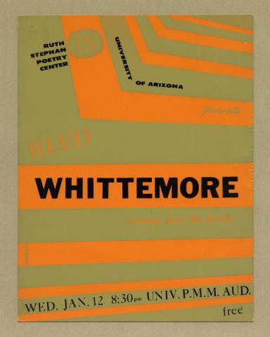 Silkscreen publicity poster for Reed Whittemore's reading, featuring an abstract design of orange stripes on a brown background. 