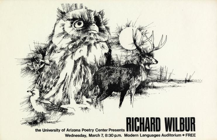 Black and white publicity poster for Richard Wilbur's reading, featuring a large image of an owl with a stag in the background. 