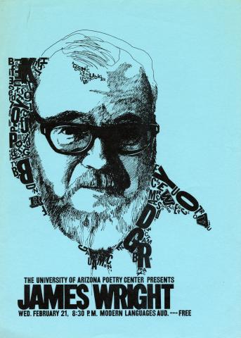 Publicity poster for James Wright's reading, featuring an image of James Wright's face surrounded by black lettering on a blue background.