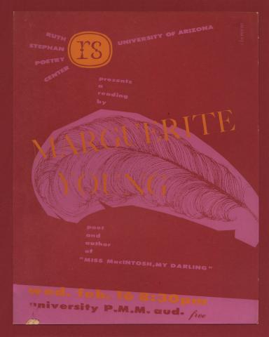 Silkscreen publicity poster for Marguerite Young's reading, featuring an image of a pink feather on a red background.